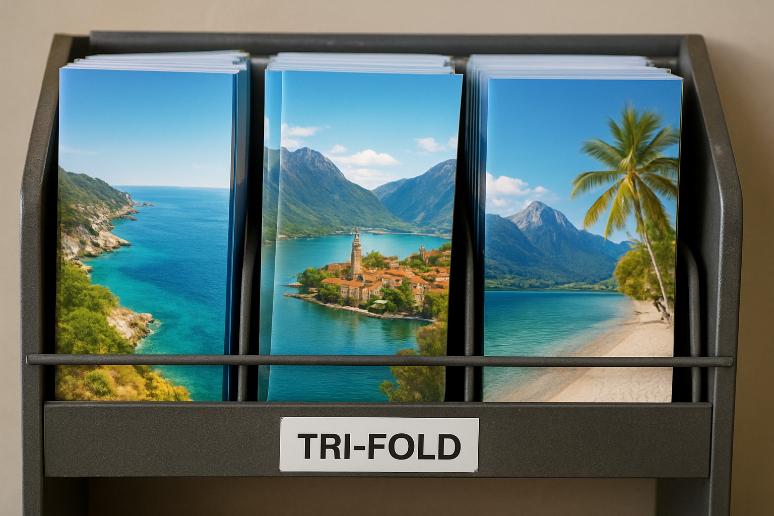Hotel lobby rack filled with folded 8.5 by 11 inch tri-fold brochures showing three panels