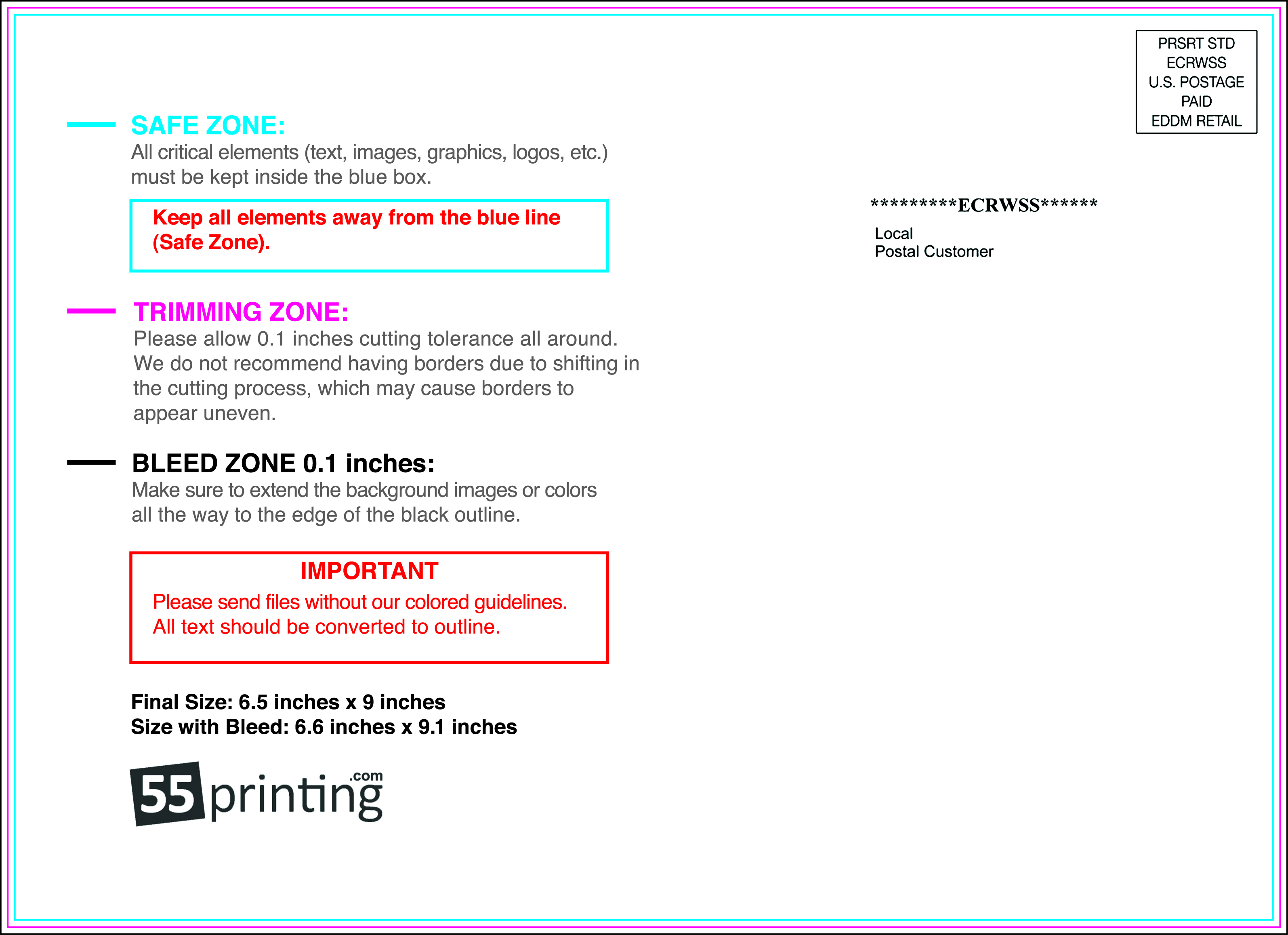 Full-size 6.5x9 EDDM mail-side guideline template