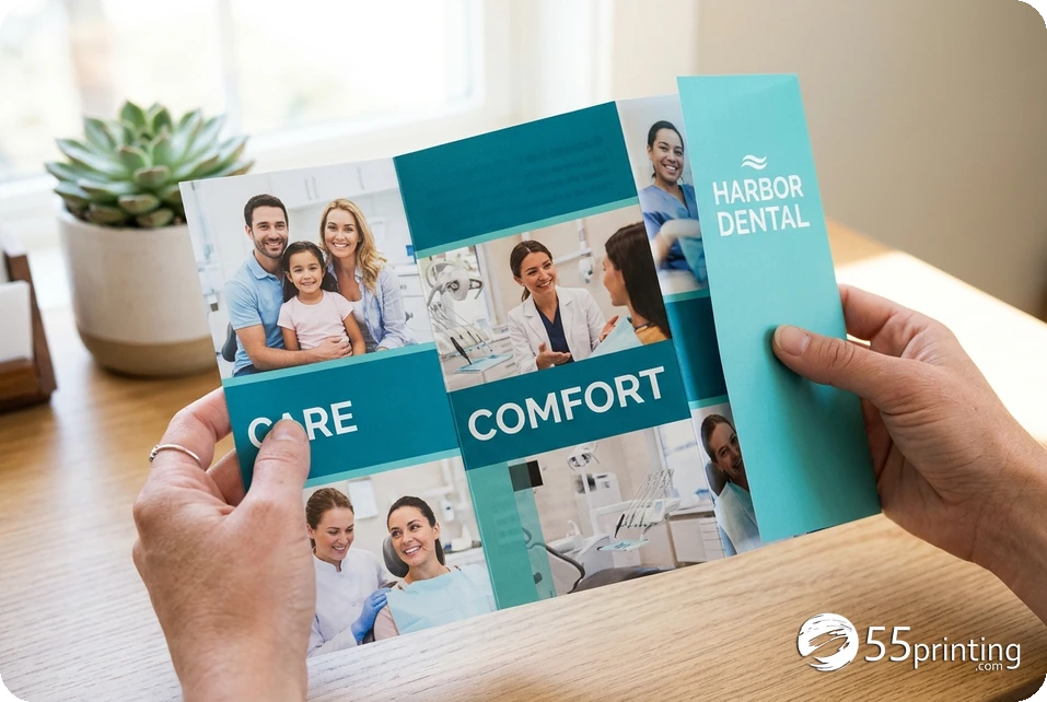 Hands opening a printed dental brochure to show its designed panels