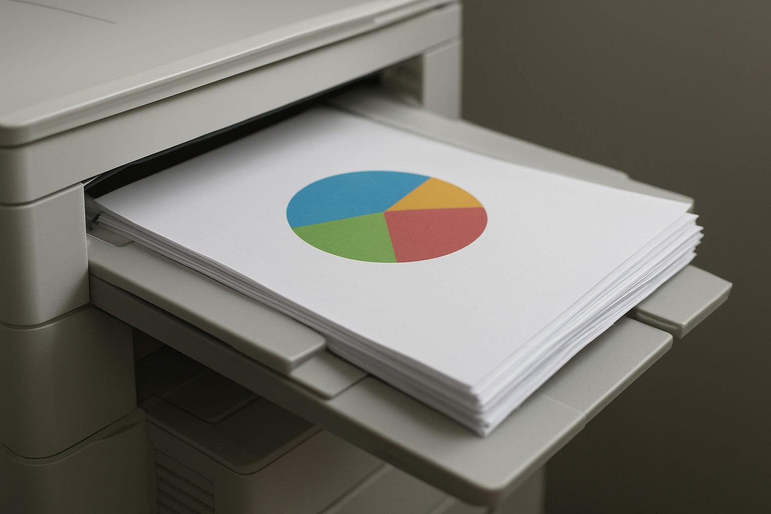 Office copier output tray filled with letter-size color copies on 24 lb bond with white borders