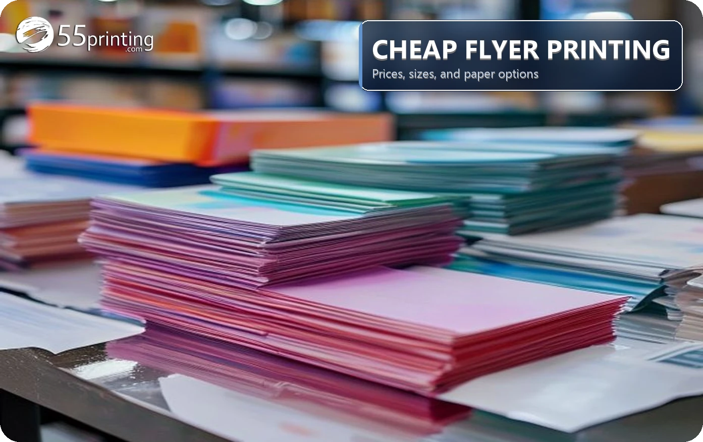 Stacks of glossy full-color flyers on a professional print shop worktable
