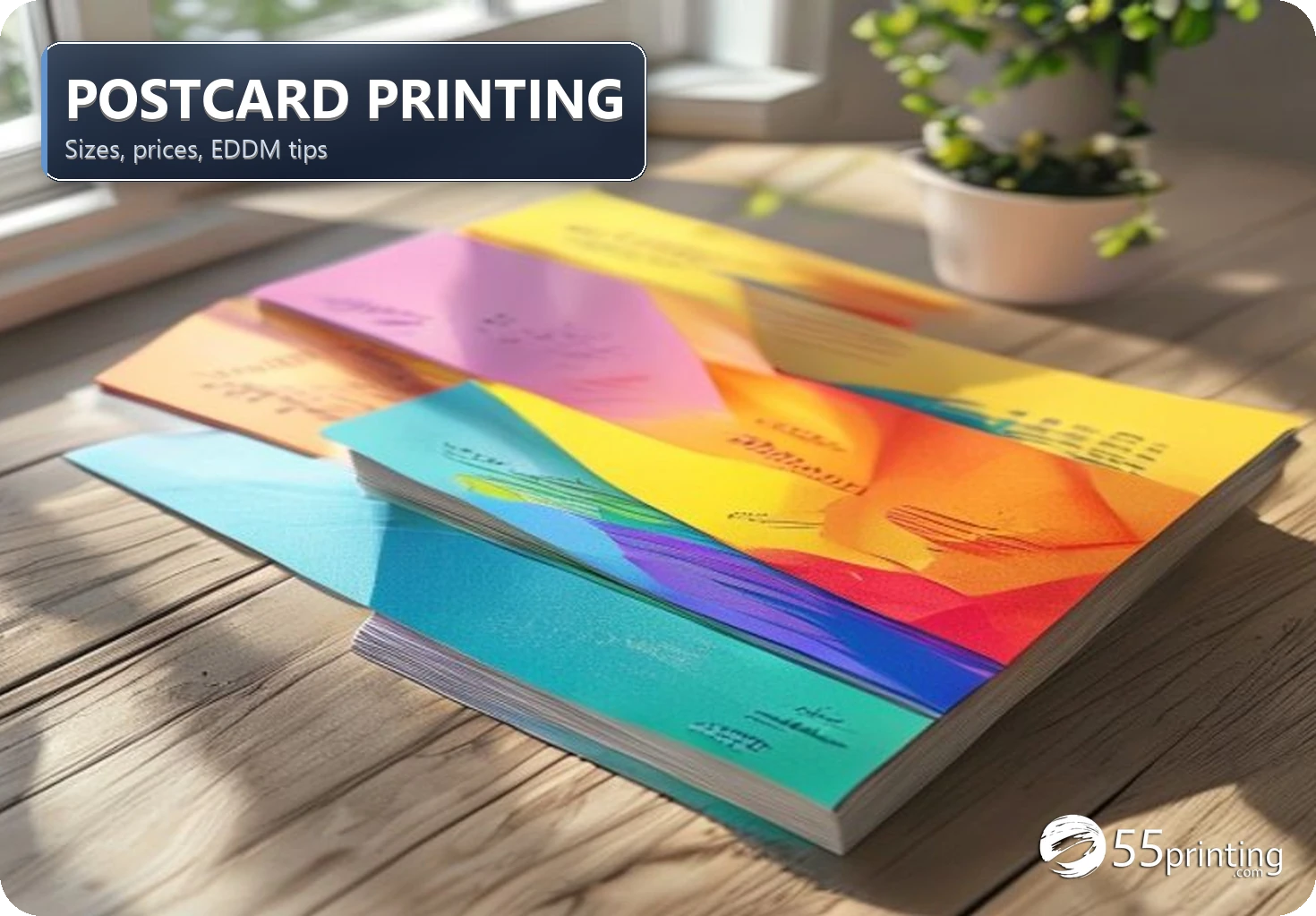 Stack of full color marketing postcards on a print shop table